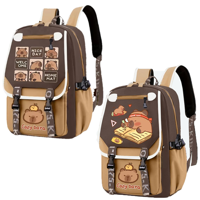 School Backpack Teen - Kawaii Kapibara Şık Haki Çocuk Sırt