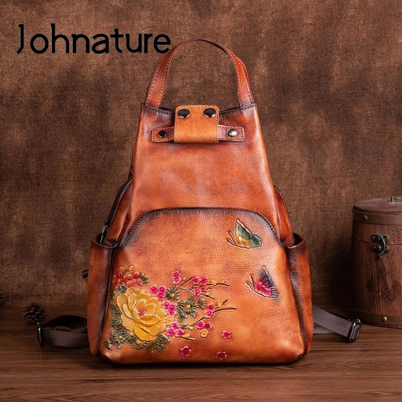 Leather Backpack Vintage - Johnature Hakiki Deri Kabartmalı Omuz Çantası